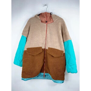 Moussy Reversilbe Mountain Parka Jacket Blue Brown Teddy Hooded Oversized